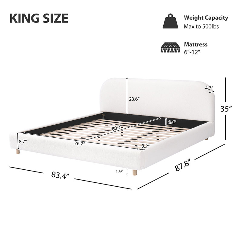 Brousseau Boucle Fabric Upholstered Platform Bed with Curve-Shaped Design Headboard, King