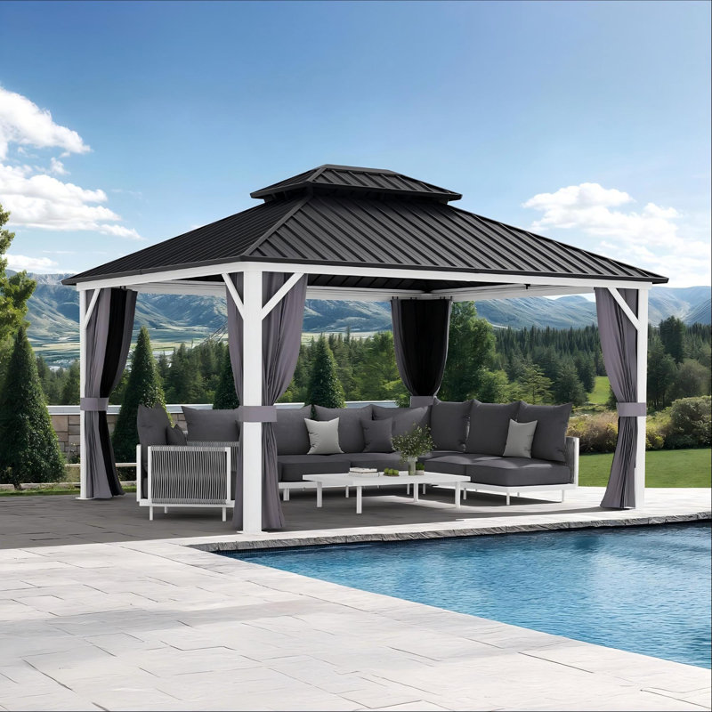 Purple Leaf 10' X 12' Hardtop Gazebo Outdoor Double Roof Gazebo White Aluminum Frame Pavilion With Curtain And Netting For Patio, Garden And Backyard, Grey