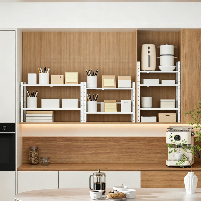 Organisateur d'armoire de cuisine extensible et empilable, tablette de garde-manger réglable pour les épices et les bocaux, comptoir robuste et solution de rangement pour placard