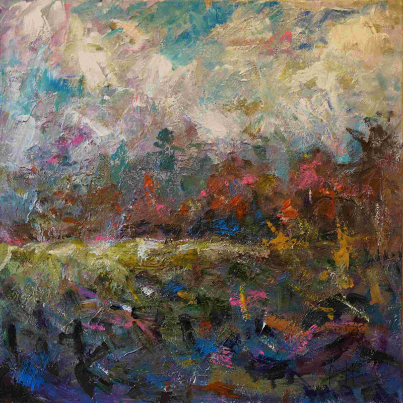 «Nestled Trees», peinture sur toile tendue, H 12 po x l 12 po