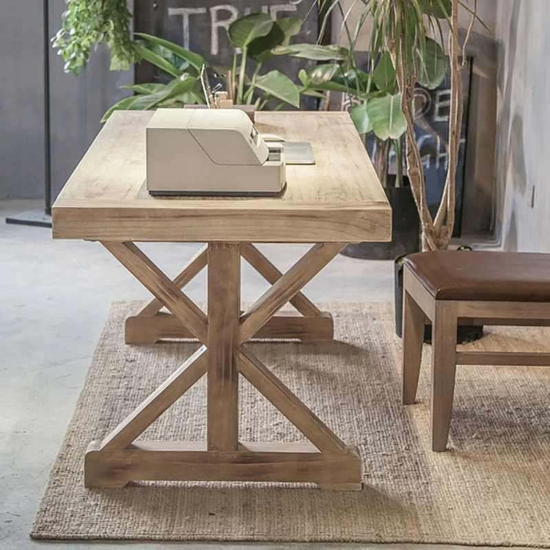 Natural Wood Rustic Farmhouse Trestle Base Office Desk