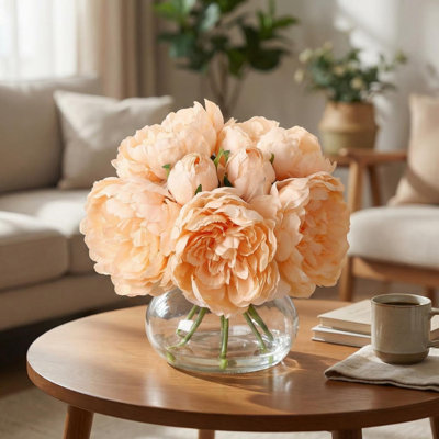 Pivoines artificielles champagne avec vase, arrangement de fleurs de pivoines en soie avec de l'eau artificielle, bouquet de pivoines fausses pour centre de table, décoration de mariage, décoration intérieure, 2 pièces