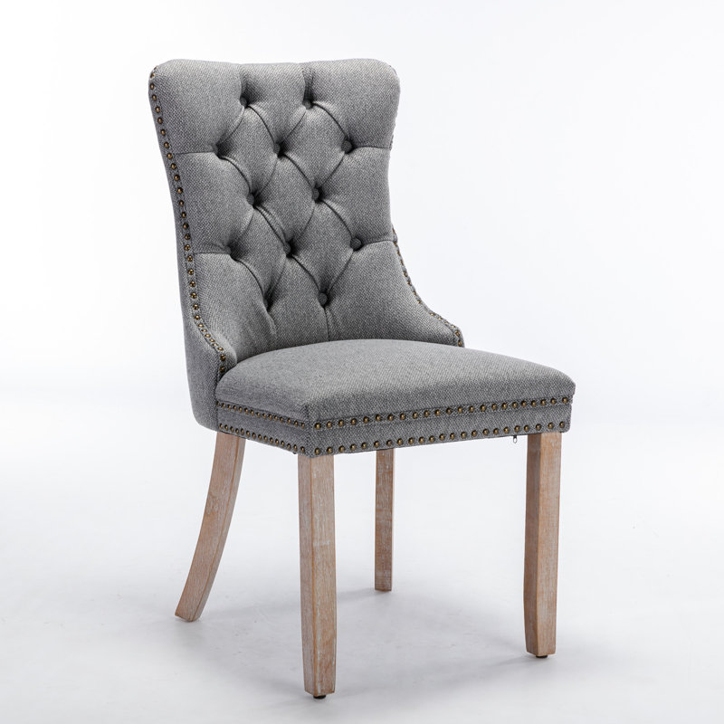 Chaise rembourrée Damine, Lin gris, Marron foncé