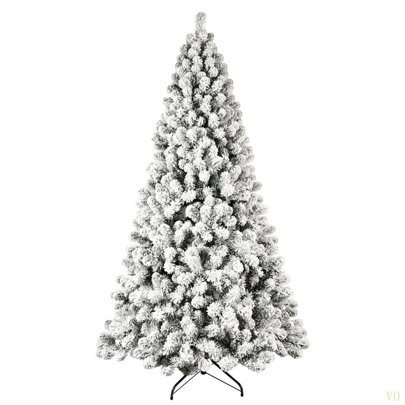 Arbre de Noël 9 pi floqué avec 650 lumières chaudes UL, embouts en PVC de 1930, fil à mémoire dépliable, assemblage facile et support en métal stable - décor des Fêtes enneigé