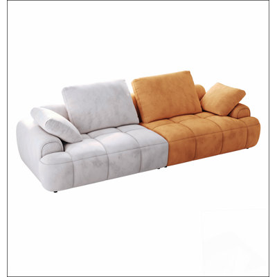 86,6? Canapé à deux places de grande taille, revêtu de tissu d'ameublement moderne, jumelé à un tissu en suède jaune