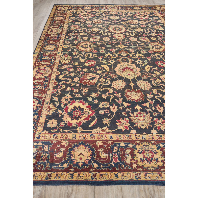 Handmade Black Floral Wool 10' x 14' Area Rug