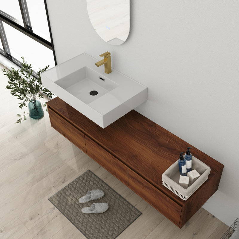 Meuble-lavabo flottant 60 po avec plateau en résine 60 po, Brun
