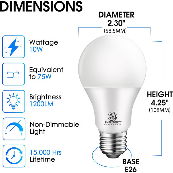 Energetic Lighting YGA03C59-10W 10 Watt A19 LED Light Bulb E26/Medium ...