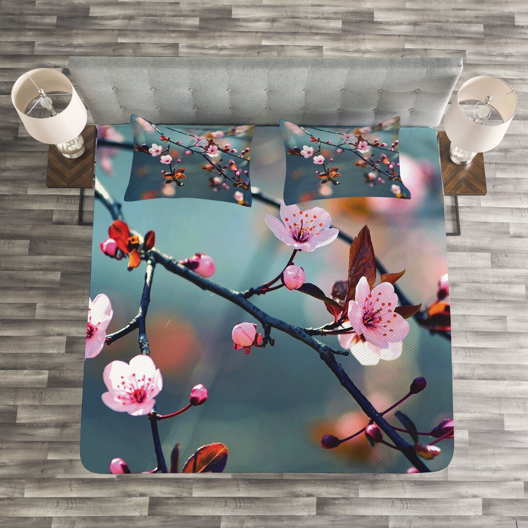 Gestepptes Bettdecken-Set, Blooming Sakura Blumen, Natur, Blassrosa orange