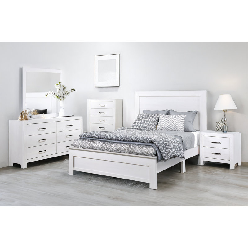 Sibby White Panel Bedroom Set, Double, 6 pièces : lit, 2 tables de chevet, commode, comm
