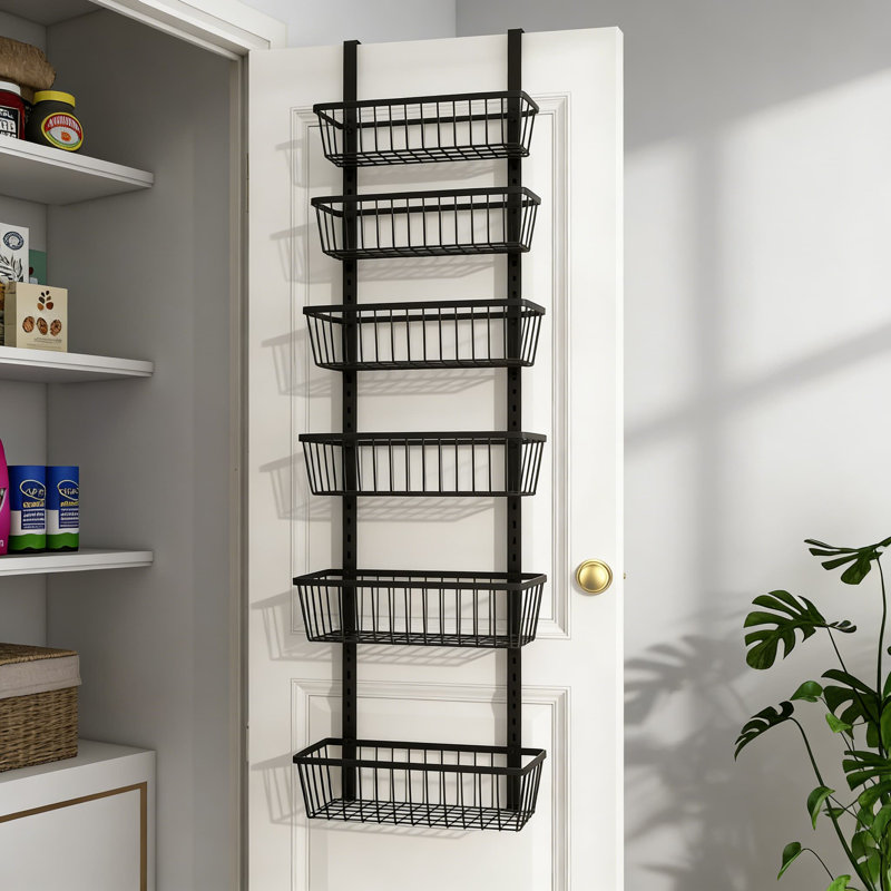 Organisateur de garde-manger au-dessus de la porte, étagère de rangement étroite à 6 niveaux avec paniers profonds réglables, système de rangement mural épice et étagère de cuisine robuste en métal