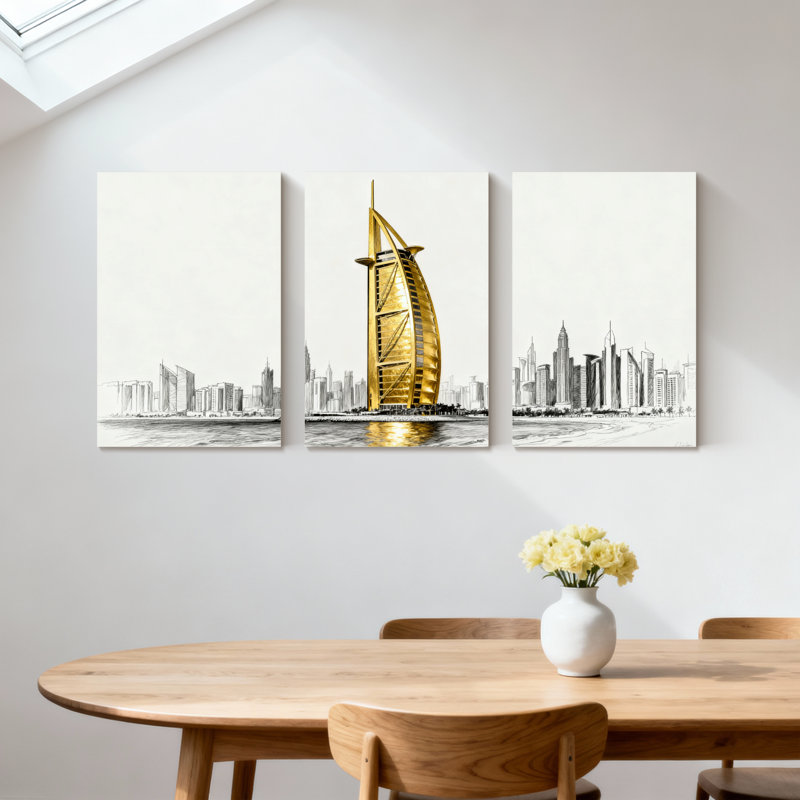 Ensemble de 3 impressions d'art sur toile, "Golden Burj Al Arab", H 18 po x l 36 po