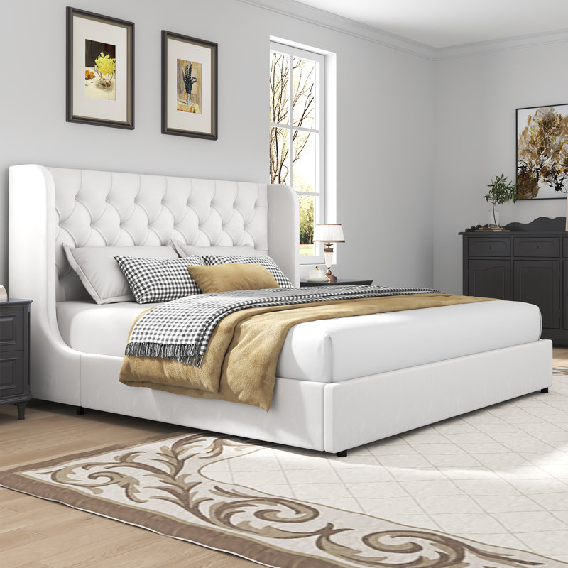 Lit plateforme tapissier Kewania Bedback, Blanc, Très grand lit