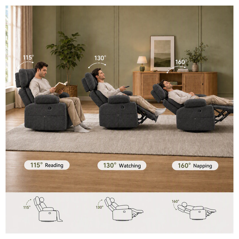 Fauteuil inclinable à bascule pivotant en chenille gris foncé avec coussin de cou amovible