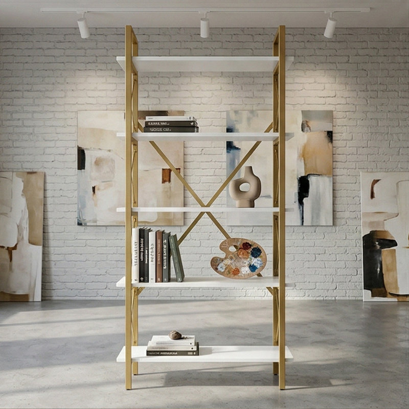 Urban Loft 5-Tier Multi-Purpose Display Etagere Bookcase, White/Gold