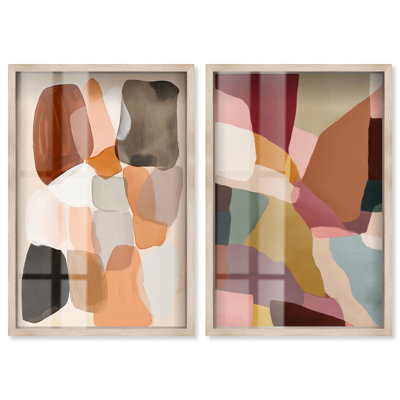 Earthy Contours Duo Shadowbox Print Modern Abstract Art Set by Art Remedy, Blonde Frame, 10 x 15