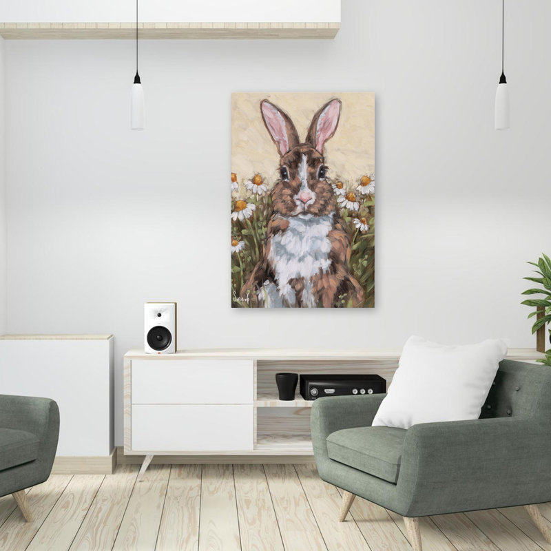 Moustaches et fleurs sauvages - Art contemporain de lapin à la camomille, H 36 po x l 24 po