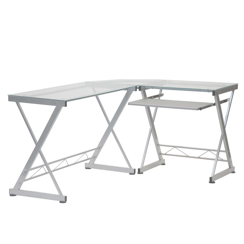 Bureau d'ordinateur en L en verre trempé avec panneau de clavier coulissant, Transparent/blanc