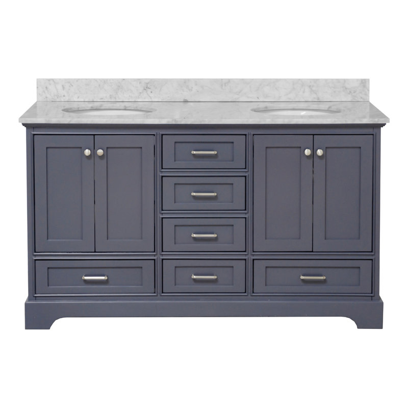 Ensemble de meuble-lavabo double 60 po Larosa, Gris marine, Marbre de Carrare