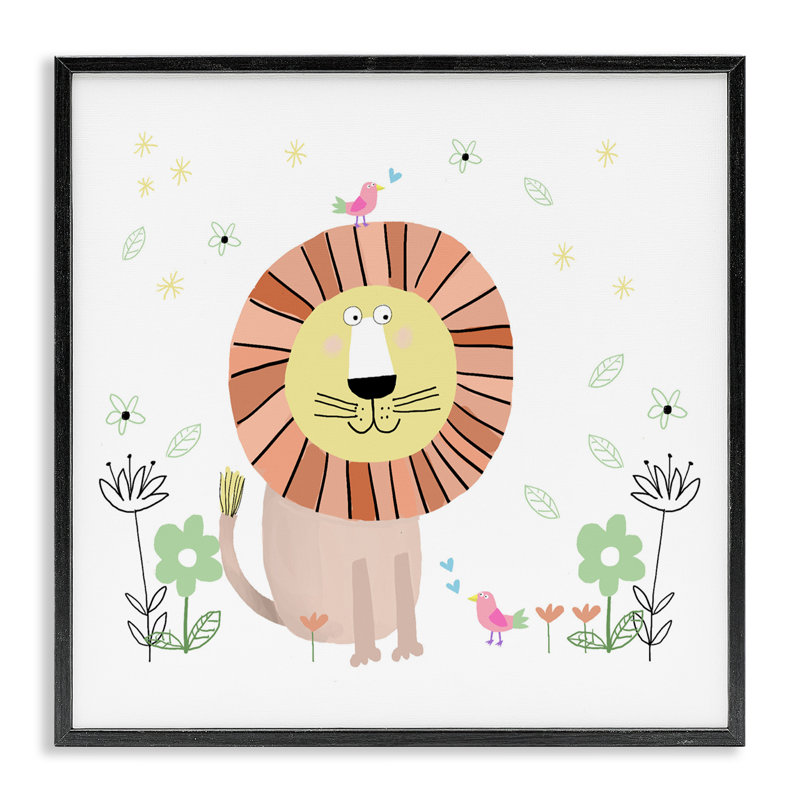 Illustration florale de bébé lion encadrée, dessin par Carla Daly, H 12 po x l 12 po, Giclée encadrée noir minuit