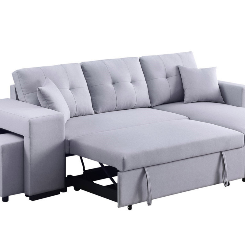 Canapé-lit modulaire réversible en lin 93 po gris clair avec méridienne de rangement et 2 tabourets