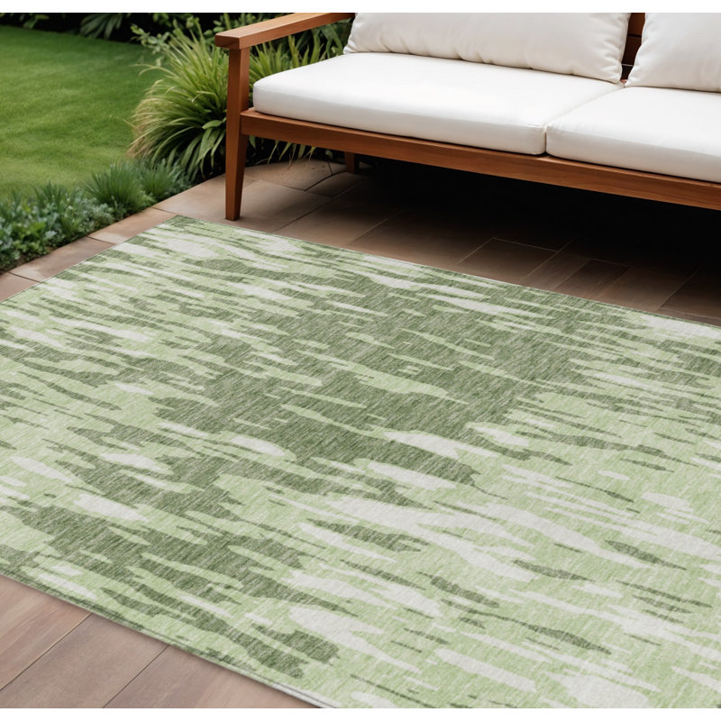 Tapis extérieur lavable abstrait vert et ivoire 10 pi x 14 pi