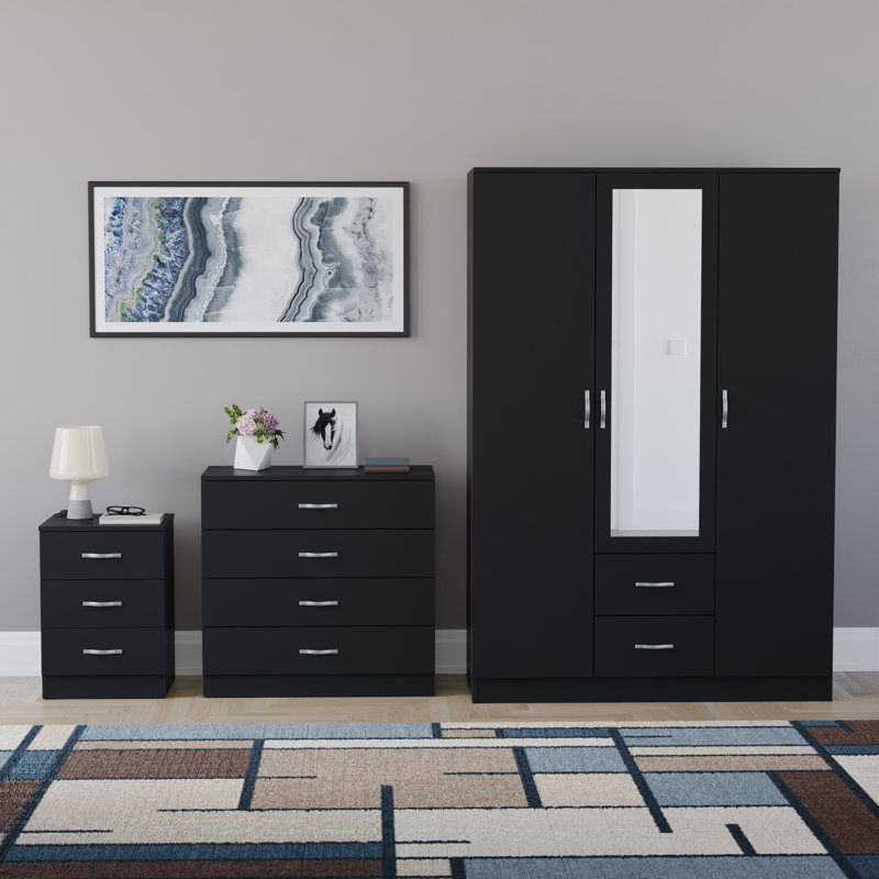 Maybery 3 Piece Bedroom Set (3 Drawer Bedside Chest, 4 Drawer Chest, 3 Door 2 Drawer Mirrored Wardrobe), (5), Black