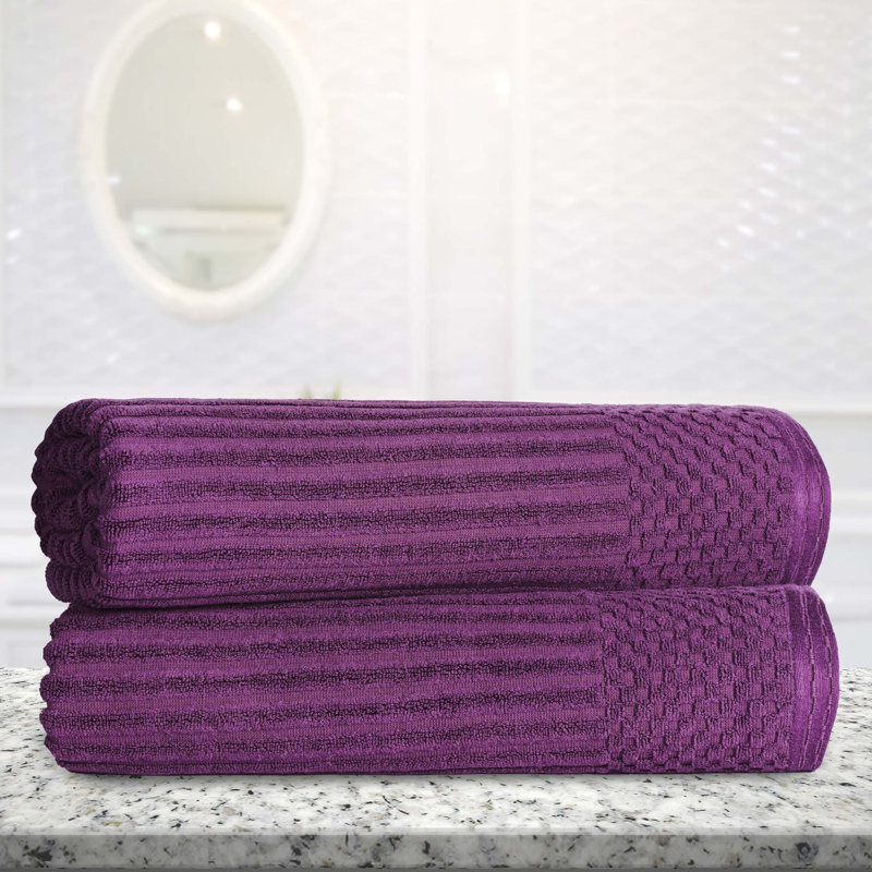 Ruvins Cotton Highly Absorbent Solid and Checkered Border Bath Sheet Set, Plum