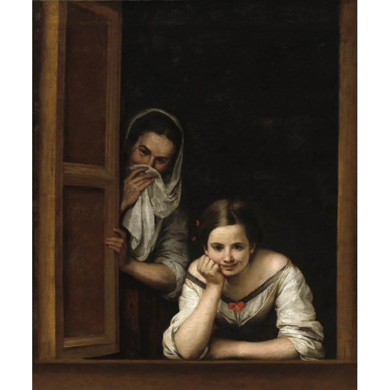 "Deux femmes à la fenêtre" par Bartolomé Esteban Murillo - Art mural sur toile tendue avec châssis, H 40 po x l 28 po