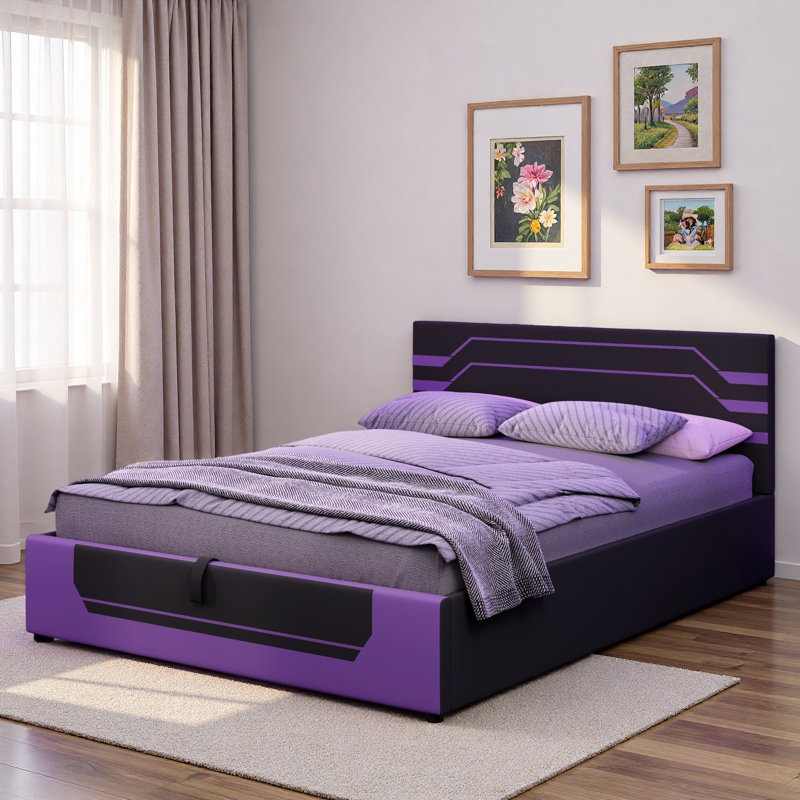 Lit de jeu avec système de levage hydraulique et compartiment de rangement sous le lit, Noir / mauve