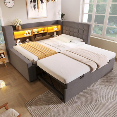 Upholstered Linen Daybed with Trundle Bed