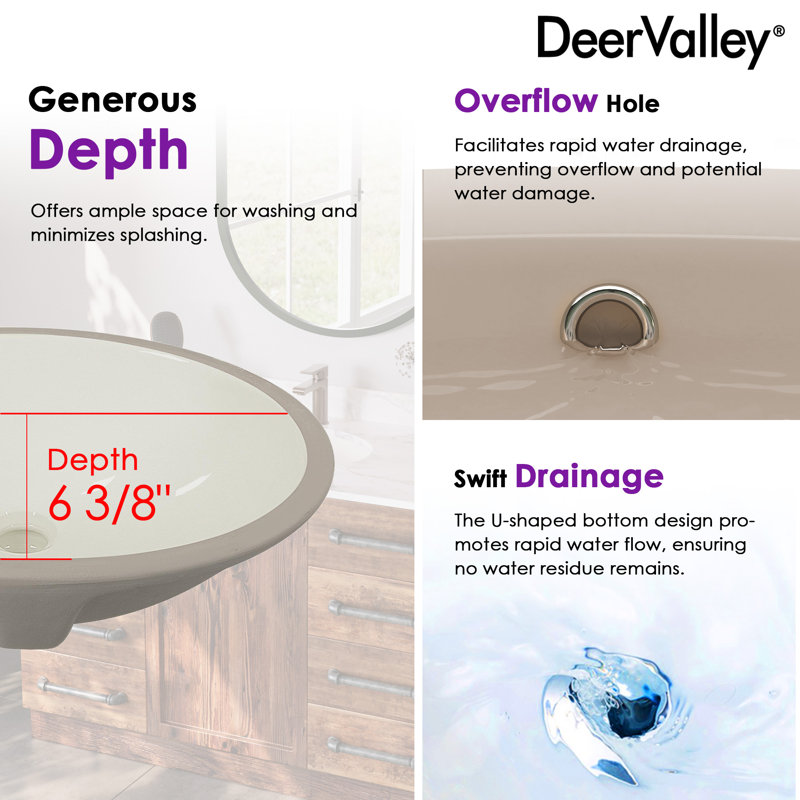 DeerValley Symmetry 18" X 15" Oval Vitreous China Undermount Bathroom Sink with Overflow, Beige