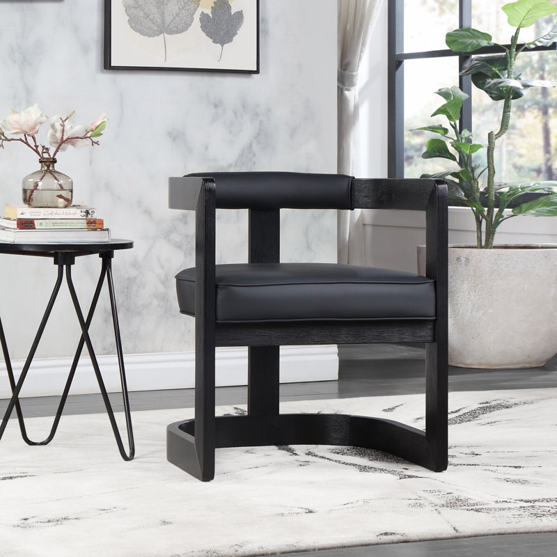 19.3'' H Upholstered Armchair, Black Vegan Leather, Black Wire Brush