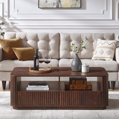 Table basse cannelée l 52 po avec tablette ouverte et 2 tiroirs