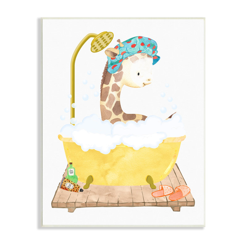 Girafe pour enfants, bain moussant, salle de bain jaune, ferme rustique surdimensionnée, art numérique sur toile par Erica Billups