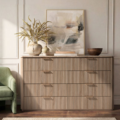 Commode moderne à 8 tiroirs avec plateau en faux marbre, design cannelé sur 3 côtés, 140 cm de largeur, meuble télé, rangements