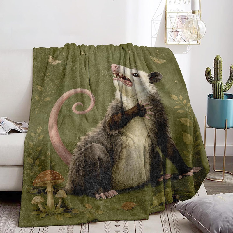 Opossum Blanket Woodland Mushroom Animal Flannel Throw, 30 x 40 in