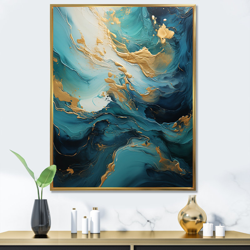 Or bleu sarcelle spirale océanique II, H 44 po x l 34 po x P 1,5 po, Cadre flottant doré