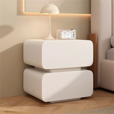 Table de chevet blanche moderne avec 2 tiroirs, table de chevet d'angle arrondie avec base solide, armoire de rangement minimaliste pour la chambre à coucher, petite table de bout avec finition lisse