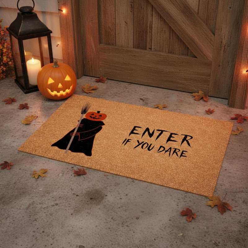 Tapis de porte d'extérieur en fibre de coco naturelle et brune, 61 x 91 cm (24 x 36 pouces), motif Halloween.