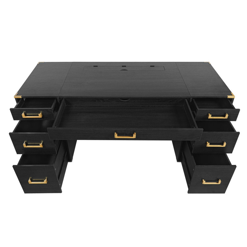 Bureau de direction pour salon, bureau avec 2 tiroirs de classement, ports USB et prises électriques, idéal pour le salon ou le bureau à domicile.