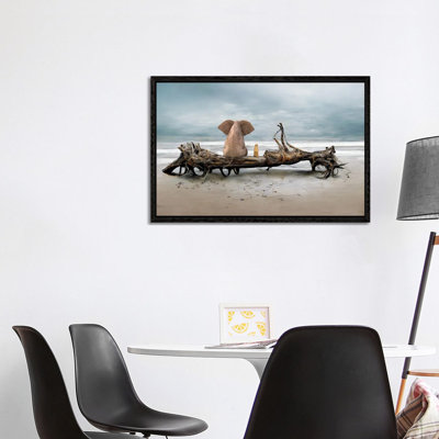 Elephant And A Dog Are Sitting On Driftwood by Mike Kiev - Floater Frame Gallery-Wrapped Canvas Giclée on Canvas