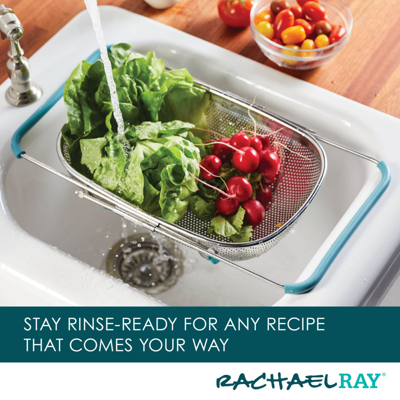 Stainless Steel Over-the-Sink Colander with Blue Handles