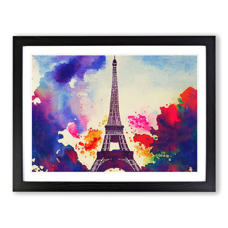 Watercolour Eiffel Tower Abstract - Single Picture Frame Print, Black Framed, 46cm H x 64cm W x 2cm D