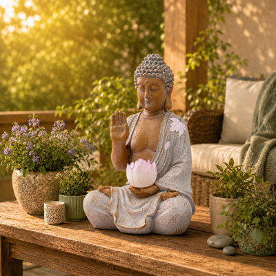 10.6"h Waving Solar Buddha Statue: Waterproof Resin Zen Decor With Lotus And Light - Patio Yard Lawn Decoration(white)