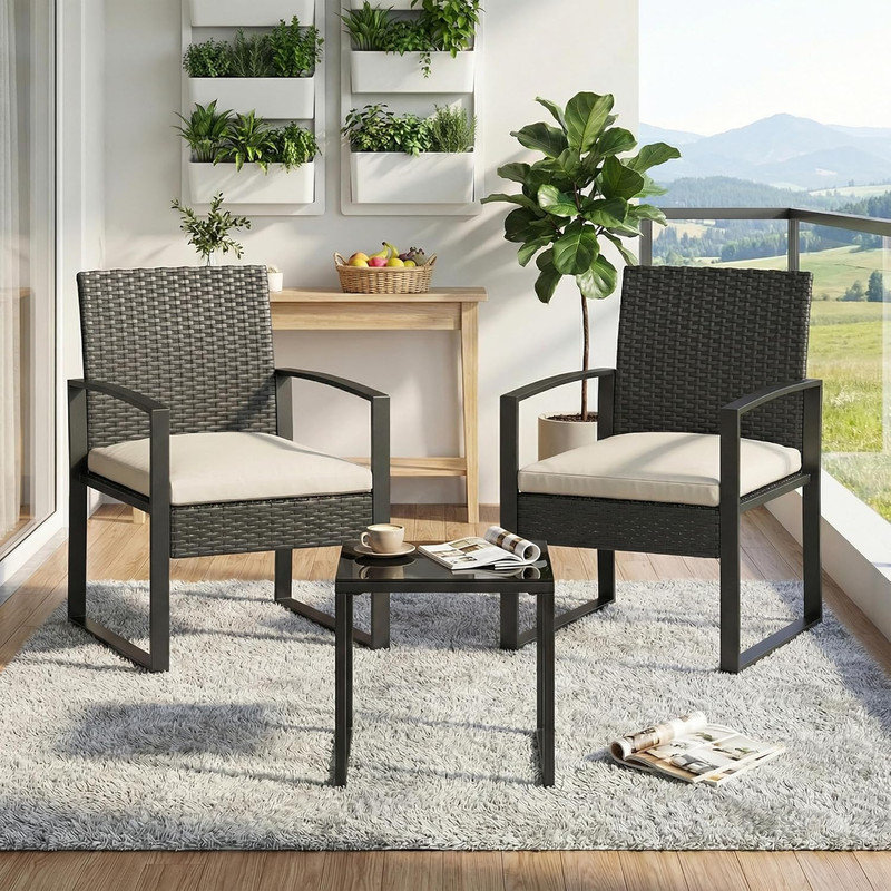 3-Piece Patio Bistro Set – PE Rattan Conversation Set with Tempered Glass Coffee Table, Outdoor Wicker Furniture for Patio, Garden, Balcony, Backyard