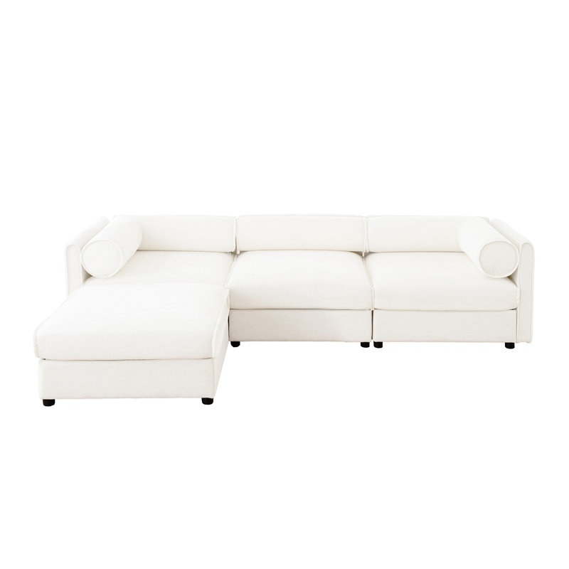 Canapé modulaire en L en chenille blanc avec repose-pieds et rangement caché, canapé contemporain en tissu 3 places