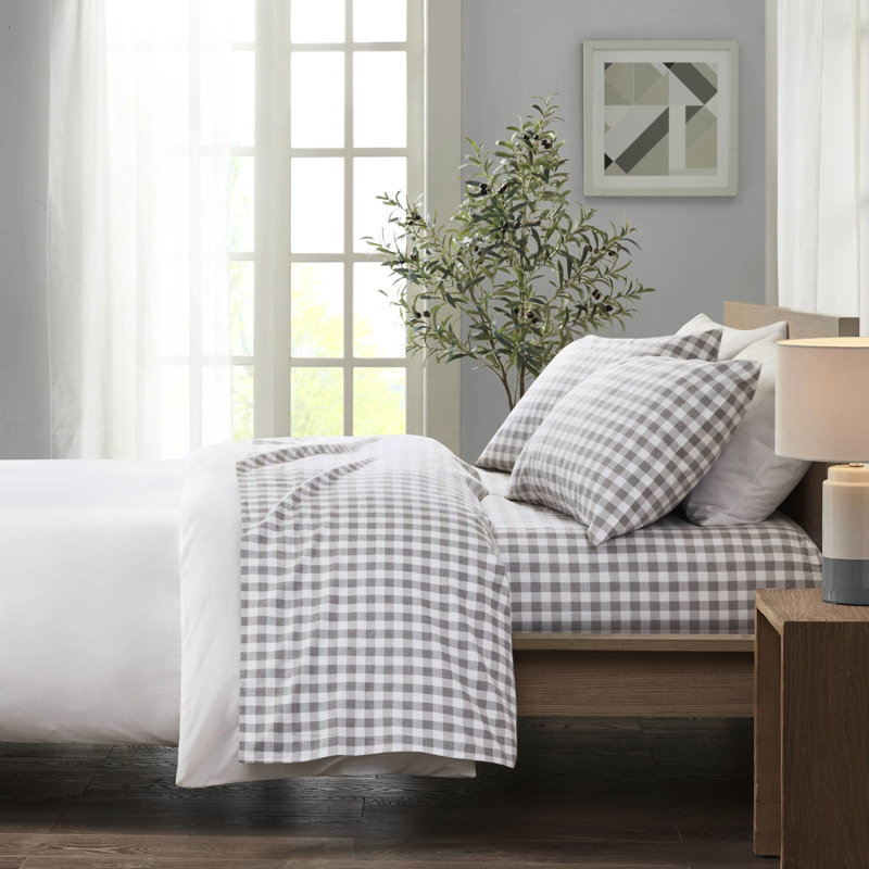 Drap-housse en flanelle 100% coton 4 pièces, motif à chevrons gris, doux et confortable, variété d'imprimés, drap plat, 2 taies d'oreiller ajustées, taies d'oreiller