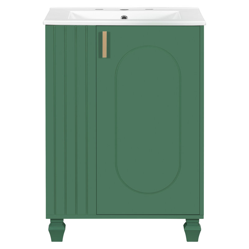 Meuble-lavabo de 24 pouces avec lavabo facile à nettoyer, porte à fermeture douce, rangement latéral ouvert, pieds en bois massif compatibles avec robinet de 8 po, armoire