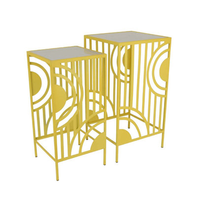 Percy Plant Stand Table Set Of 2, Marble Top, Gold Metal 26, 24 Inch by Benjara